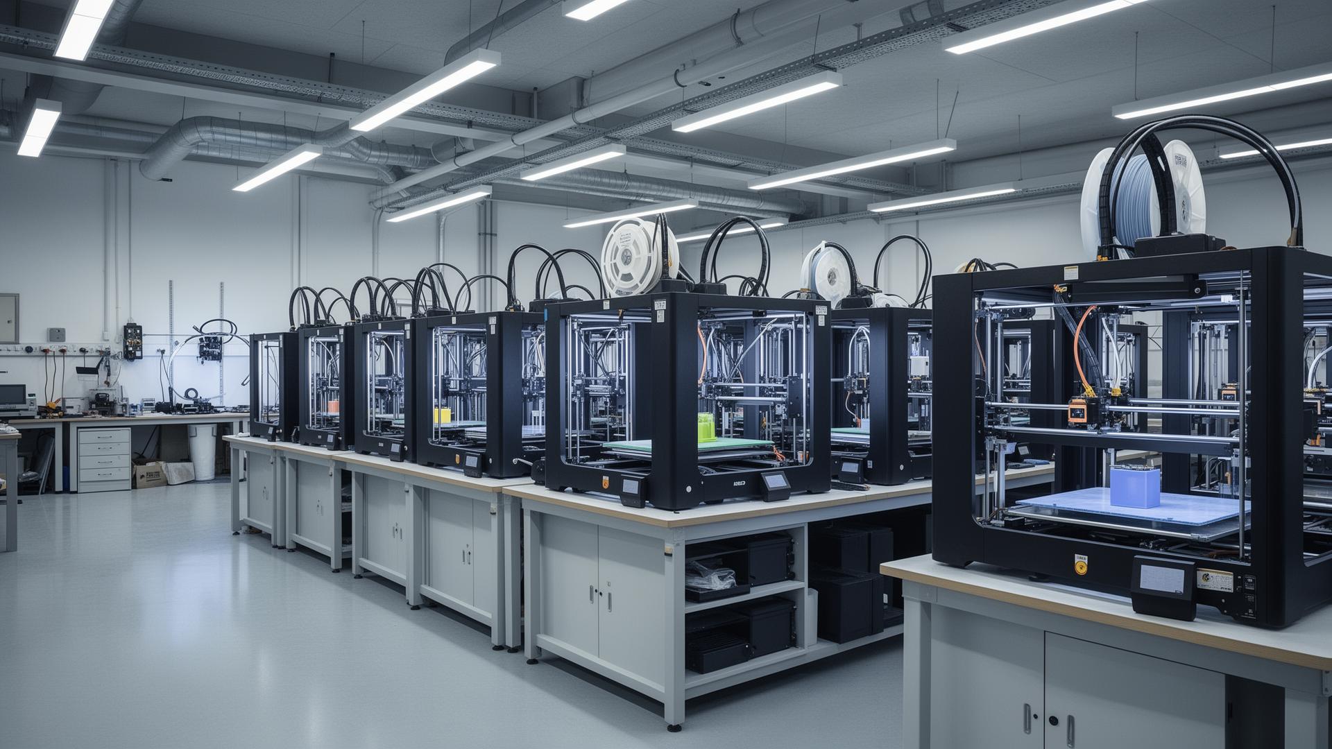 In-house 3D print farm with rows of professional large-format printers